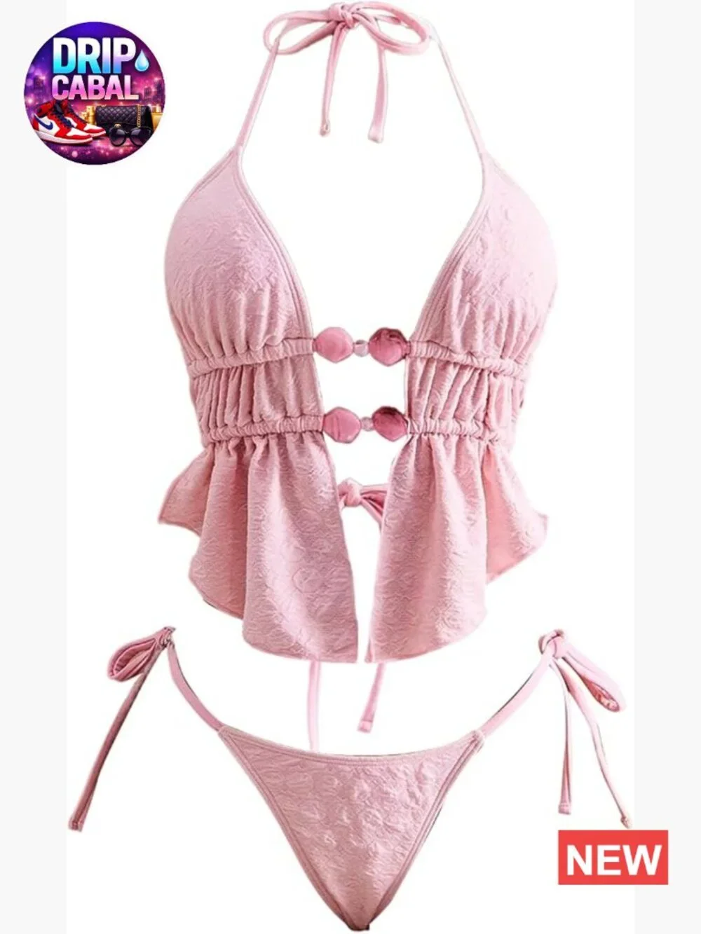 2 Piece Beaded Halter Tankini Swimsuit Self Tie Slit Asymmetrical Tops with